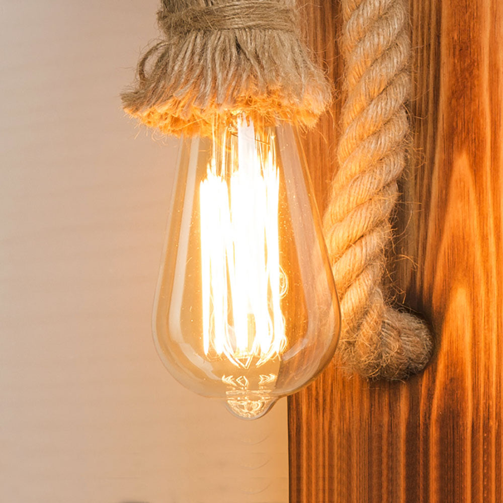 Epoch aplică de perete dreptunghiulară LED vintage, cu sfoară din lemn/hemp, pentru sufragerie