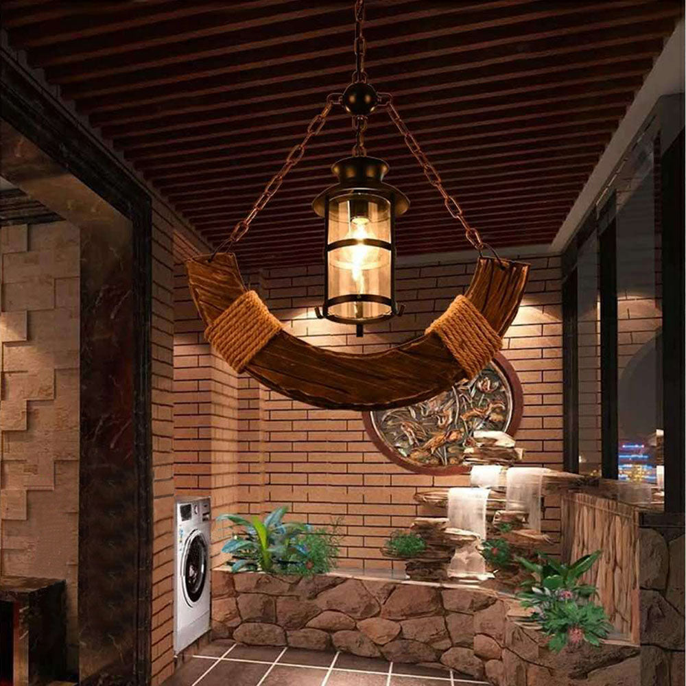 Epoch lampă suspendată Lanternă din sticlă și lemn cu arc retro rustic