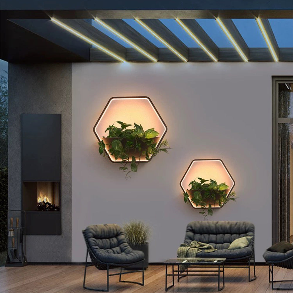 Ray aplică de perete pentru exterior minimalist cu abajur hexagonal și raft din metal negru