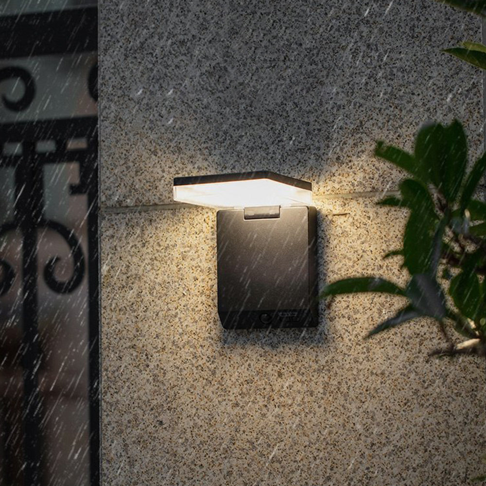 Ray aplică de perete pentru exterior modern minimalist cu senzor dreptunghiular solar impermeabil, negru