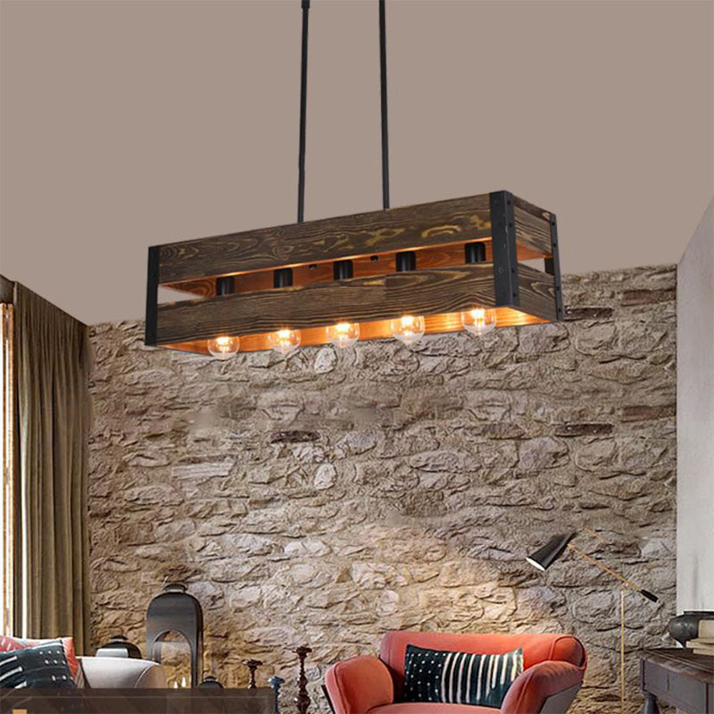 Silva Retro Rectangular metal & lemn lampă suspendată, 5 surse de lumină, 2 Stil