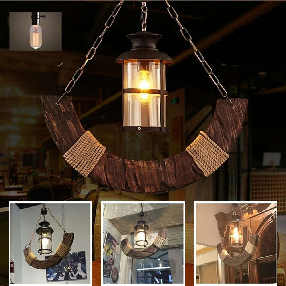 Epoch lampă suspendată Lanternă din sticlă și lemn cu arc retro rustic
