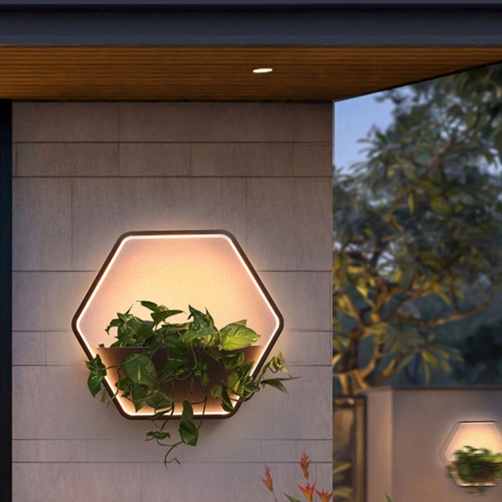 Ray aplică de perete pentru exterior minimalist cu abajur hexagonal și raft din metal negru