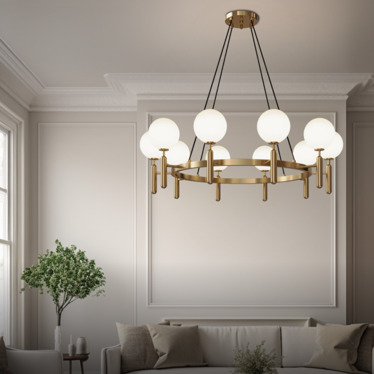 Kristy Design lampă suspendată din sticlă sferică și metal în auriu și alb