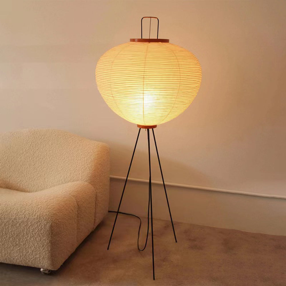 Renée lampadar alb din hârtie, minimalist, cu bază tip trepied, în formă de lanternă