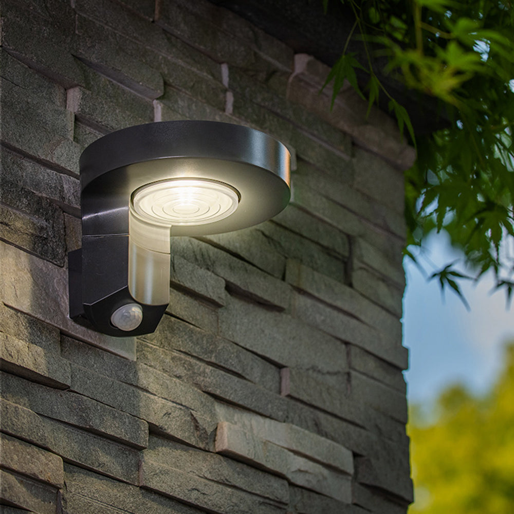 Ray aplică de perete pentru exterior modernă rotundă din metal/senzor solar impermeabil, neagră