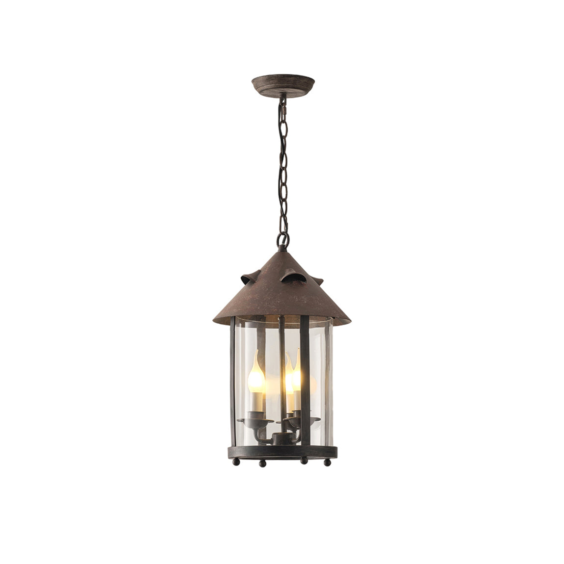 Tinduvyh lampă suspendată din metal și sticlă, vintage, industrială, în formă de lanternă