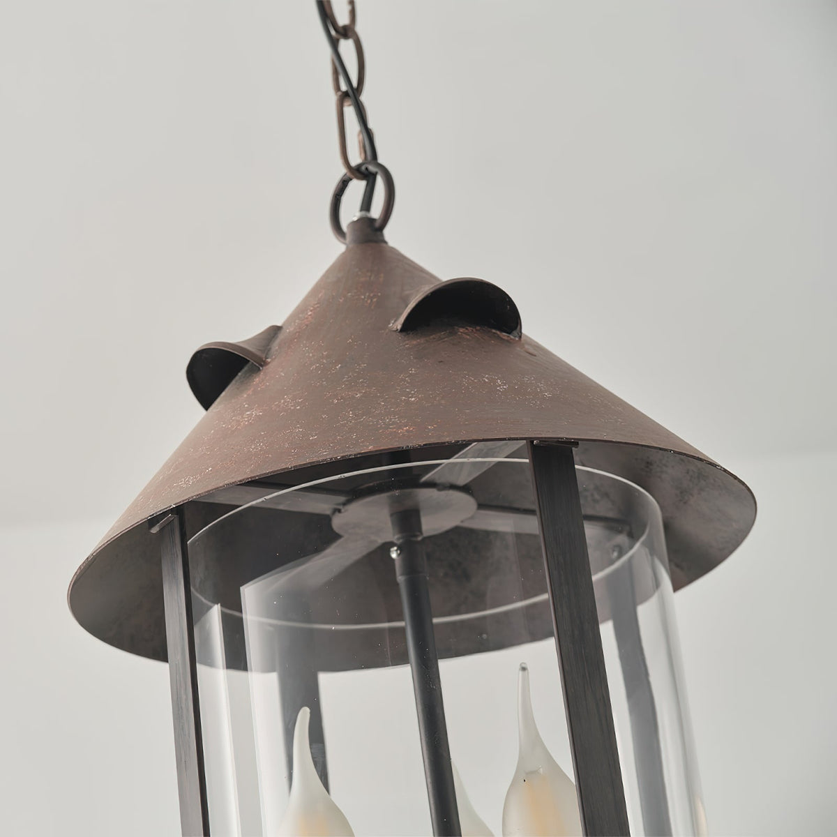 Tinduvyh lampă suspendată din metal și sticlă, vintage, industrială, în formă de lanternă