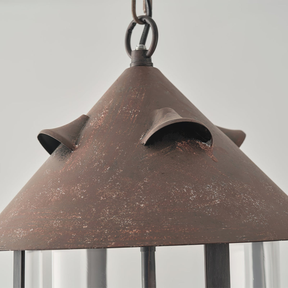 Tinduvyh lampă suspendată din metal și sticlă, vintage, industrială, în formă de lanternă