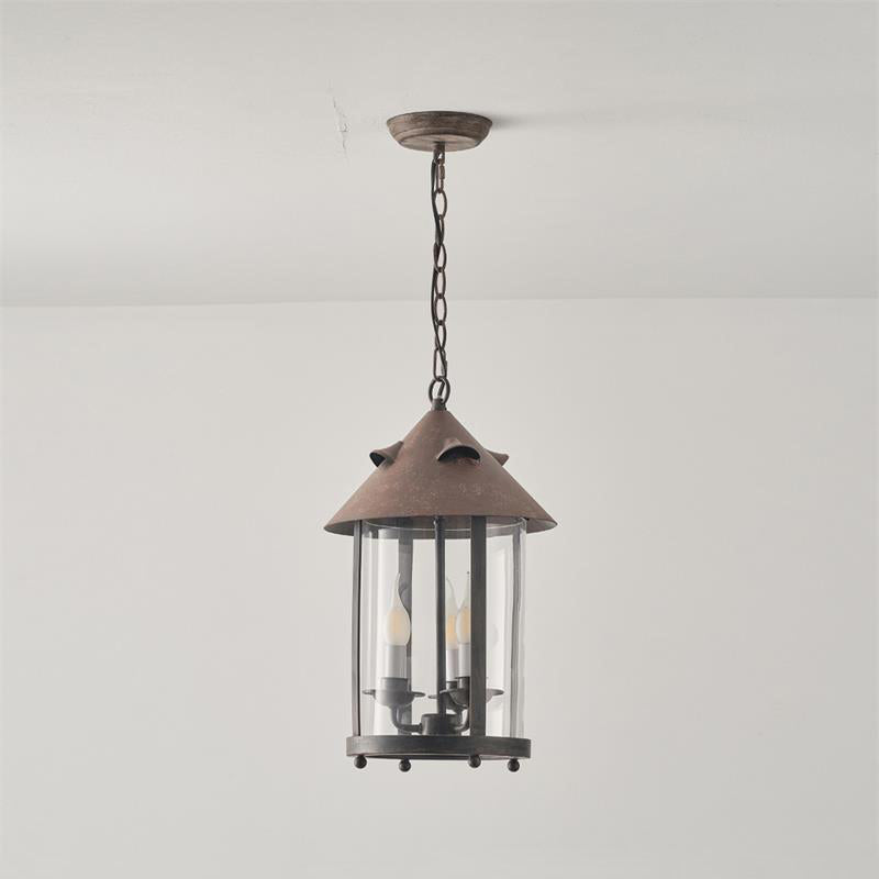 Tinduvyh lampă suspendată din metal și sticlă, vintage, industrială, în formă de lanternă