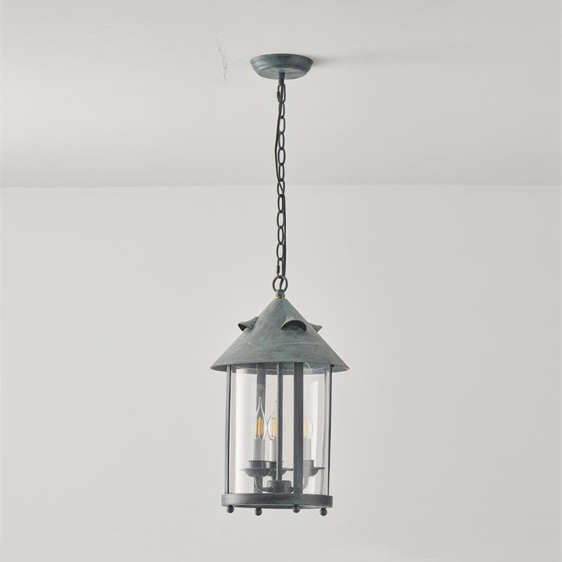 Tinduvyh lampă suspendată din metal și sticlă, vintage, industrială, în formă de lanternă
