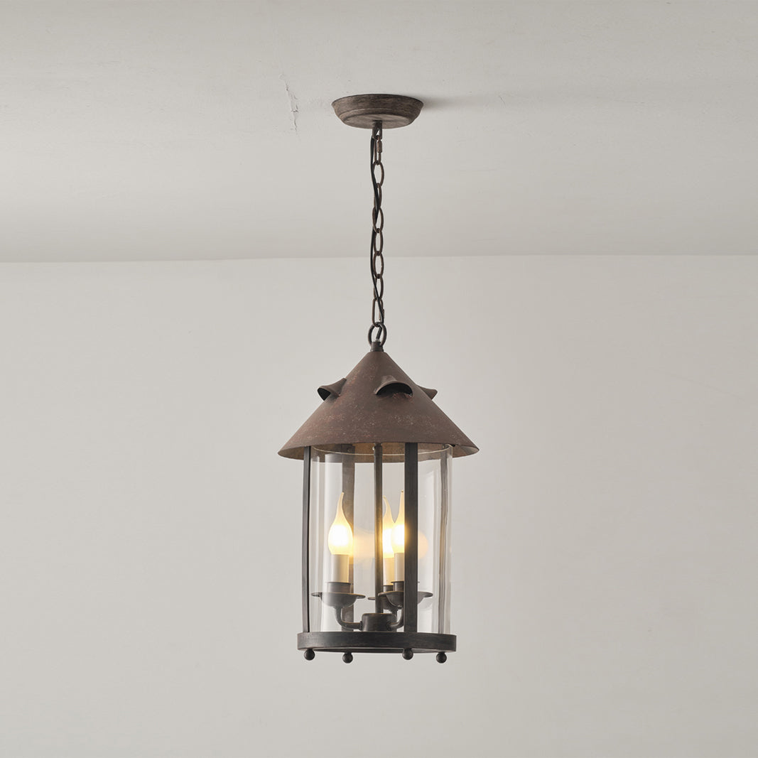 Tinduvyh lampă suspendată din metal și sticlă, vintage, industrială, în formă de lanternă