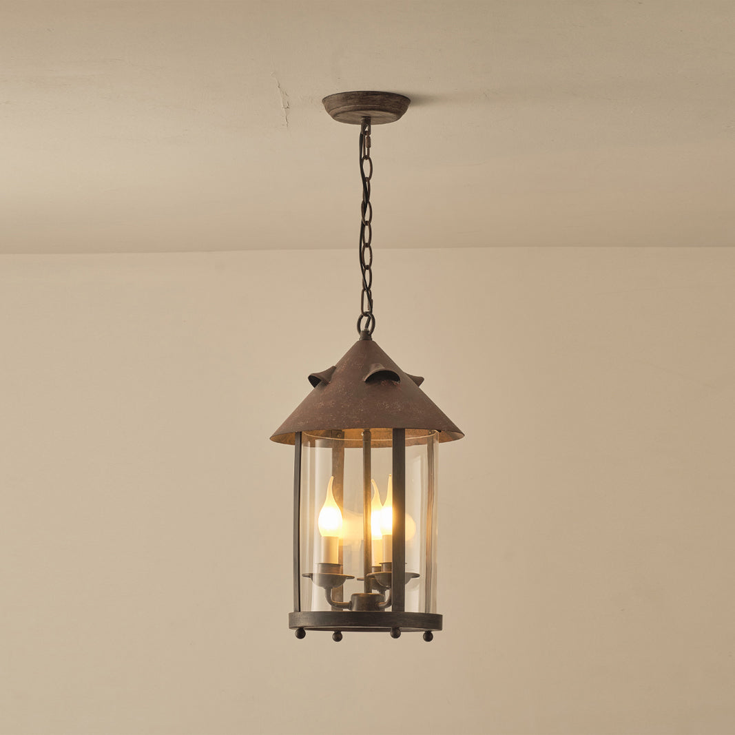 Tinduvyh lampă suspendată din metal și sticlă, vintage, industrială, în formă de lanternă
