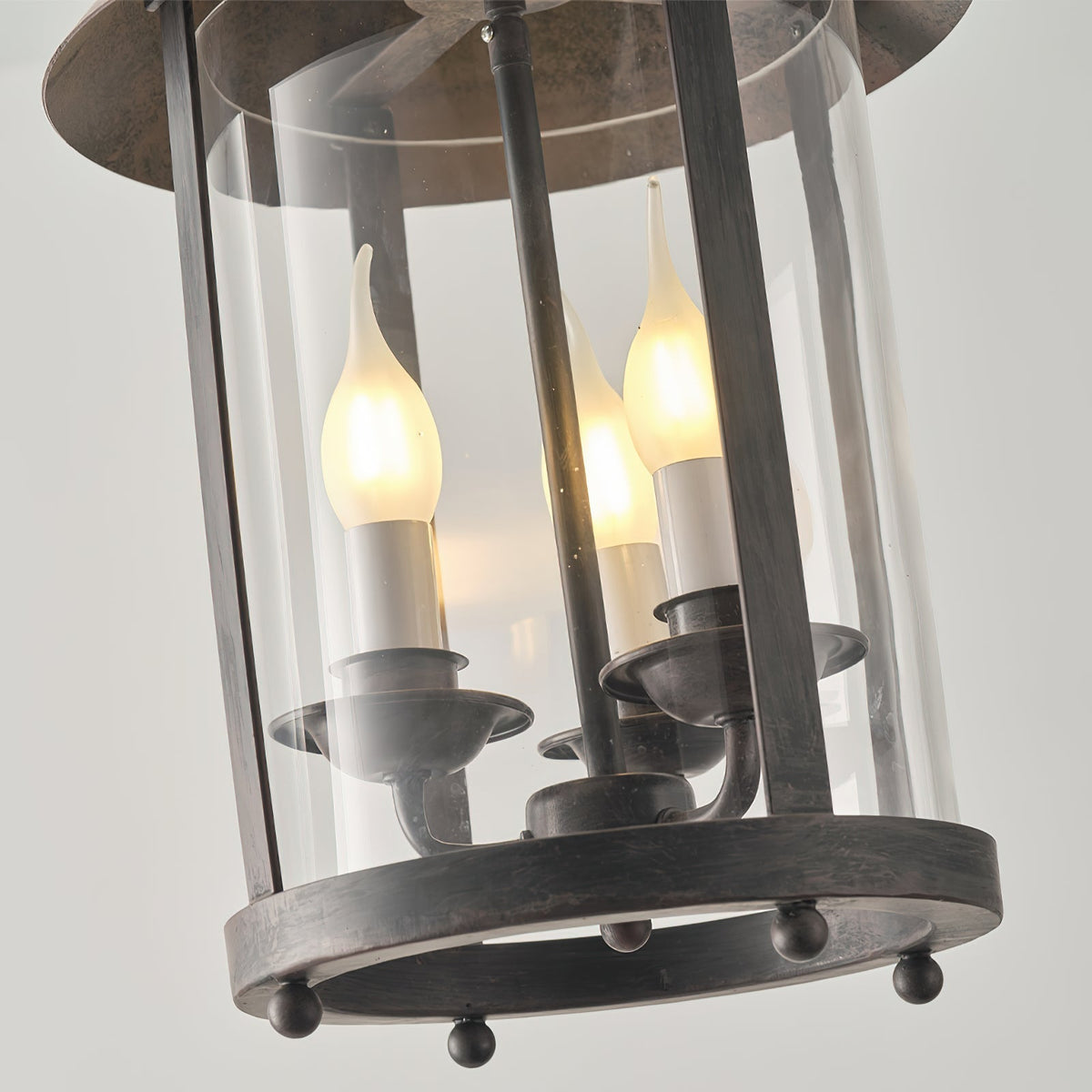 Tinduvyh lampă suspendată din metal și sticlă, vintage, industrială, în formă de lanternă