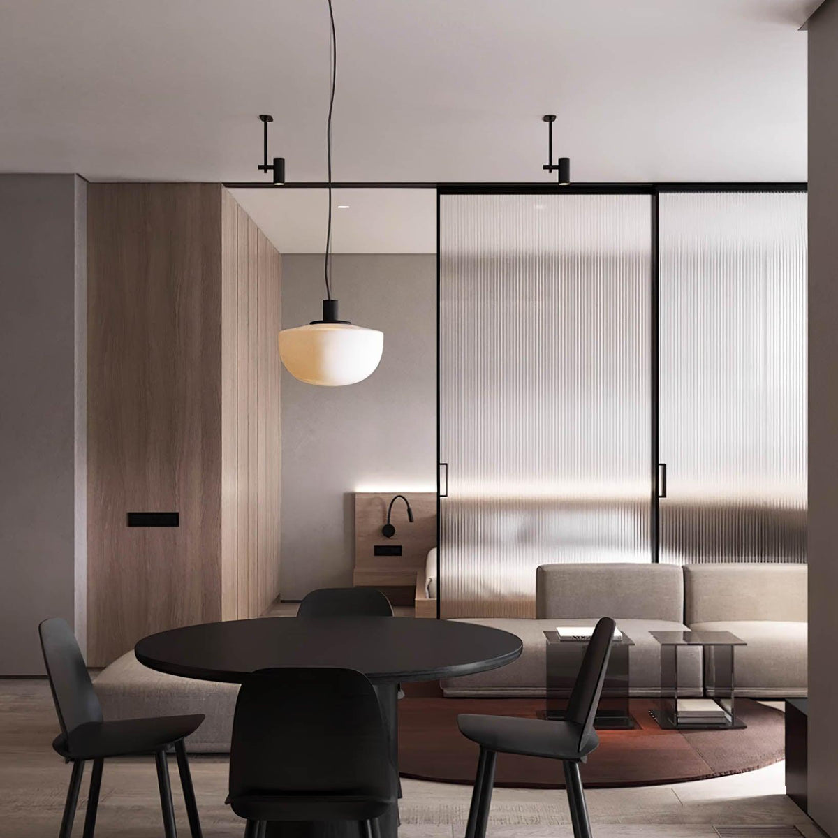 Lampă suspendată din sticlă cu abajur sferic și montaj metalic în stil minimalist pentru relaxare