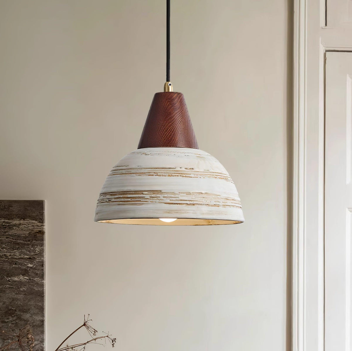 Lampă suspendată cu abajur din ceramică texturat, conic, minimalist nordic