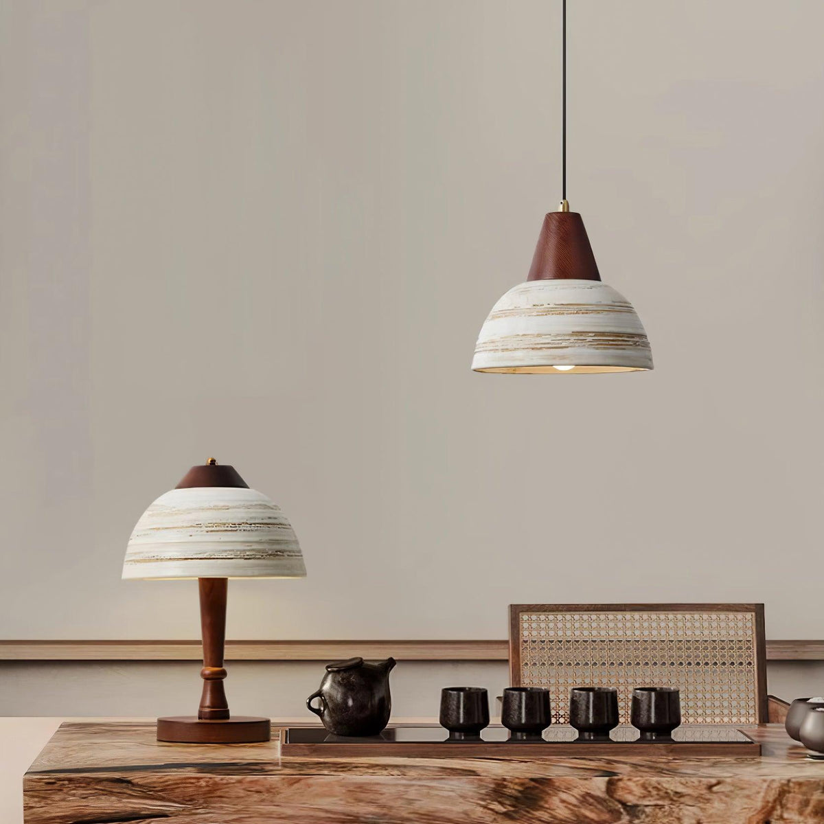 Lampă suspendată cu abajur din ceramică texturat, conic, minimalist nordic