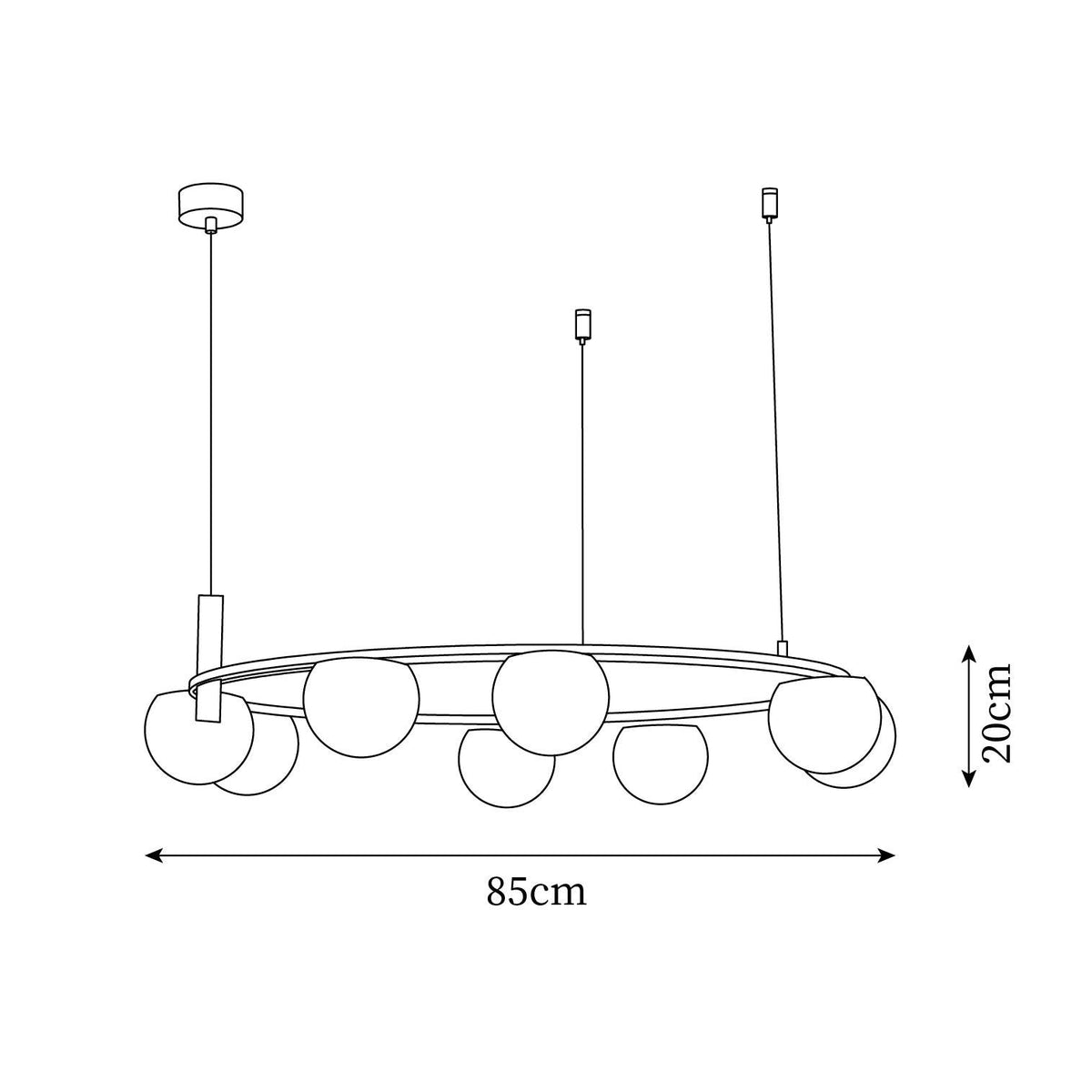 Candelabru modern cu Globuri din sticlă și Inel din metal cu Finisaj auriu