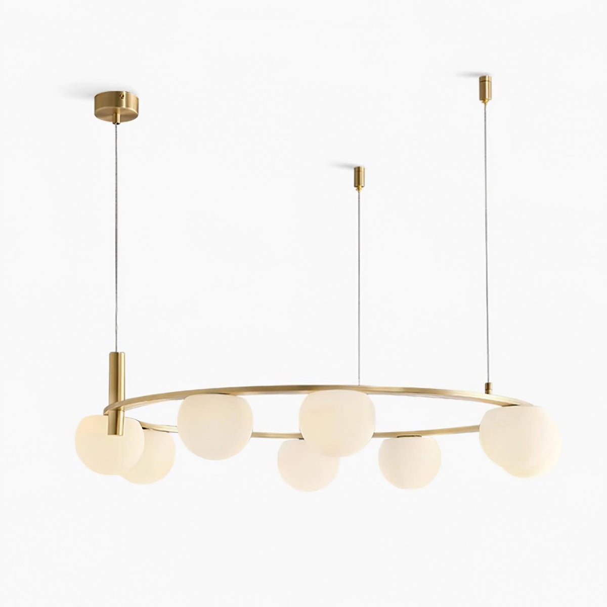Candelabru modern cu Globuri din sticlă și Inel din metal cu Finisaj auriu