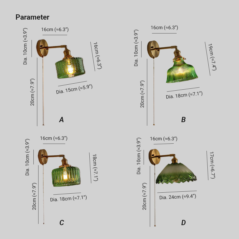 Rilo aplică de perete din alamă cu abajur din sticlă verde/transparent și lanț pentru comutare