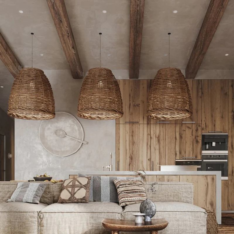 Muto lampă suspendată din ratan, vintage, rustică, LED, pentru living și dormitor