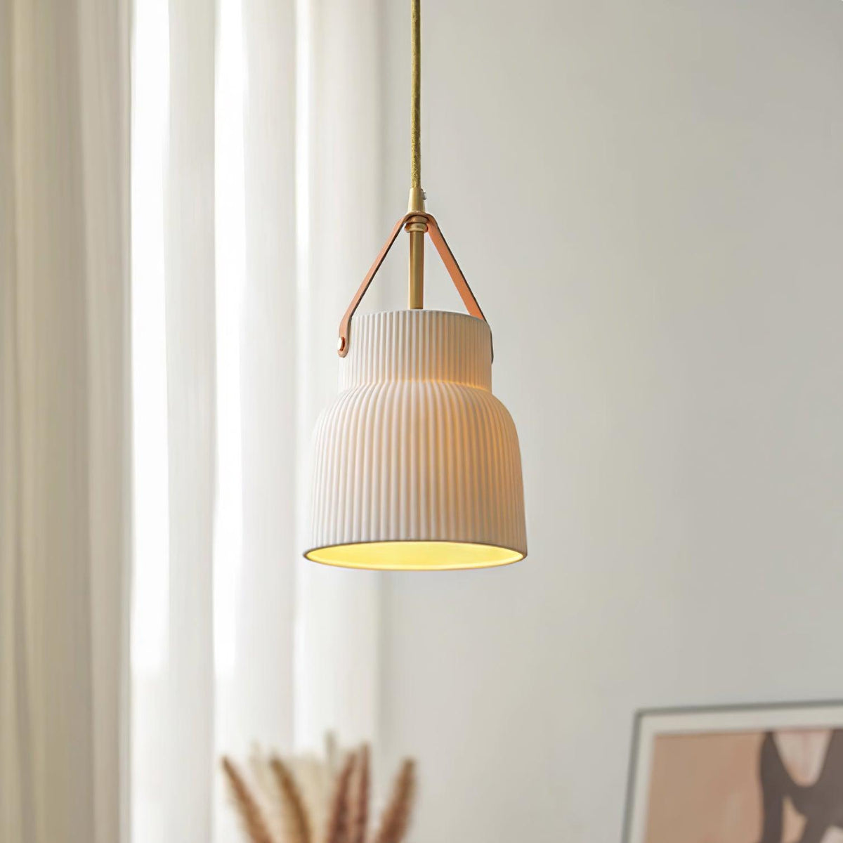 Lampă suspendată Cielum modern minimalist Abajur Ceramic Texturat cu Bandă de Piele alamă