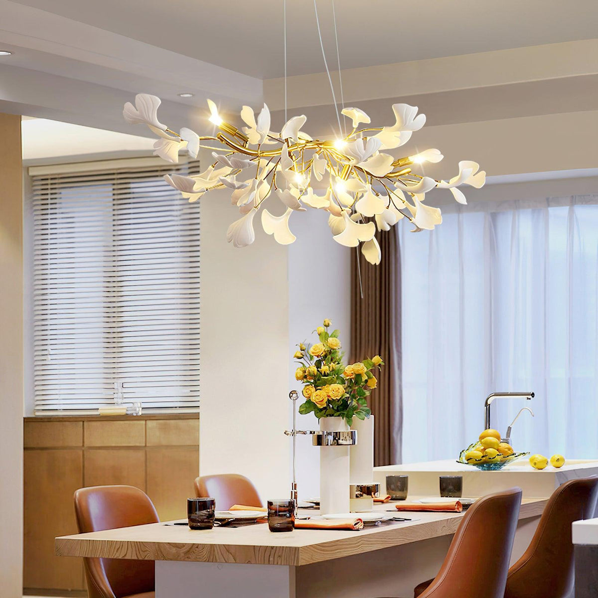 Dylo candelabru din alamă cu ramuri de petale ceramice liniare Ginkgo