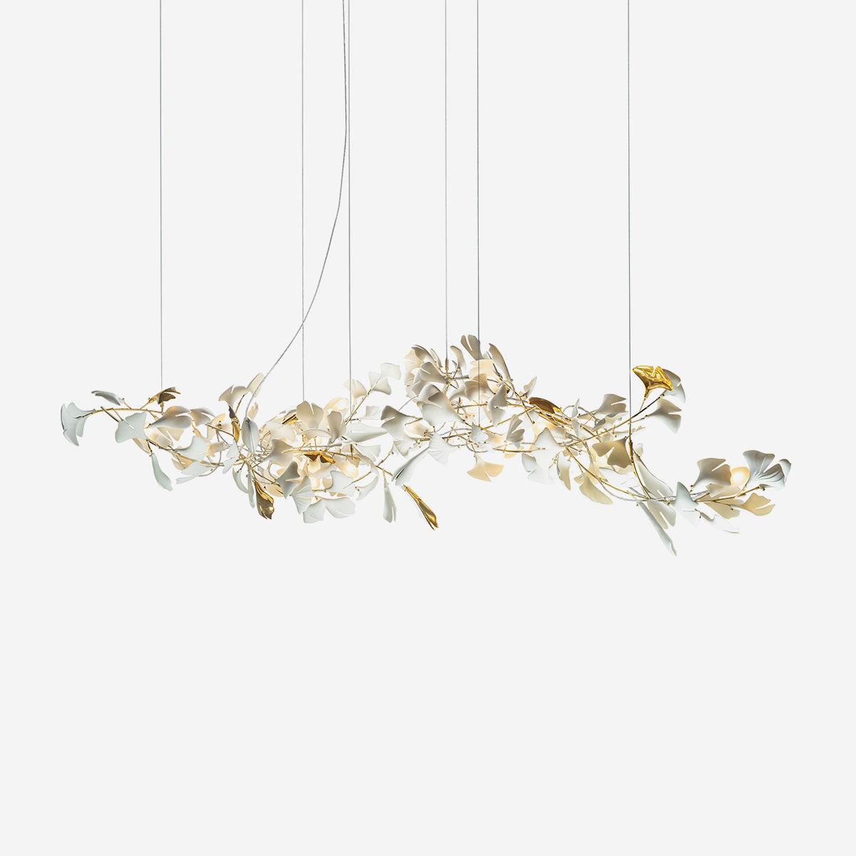 Calix candelabru cu abajur din ceramică în formă de frunză Gingko și finisaj alb aur, în stil modern