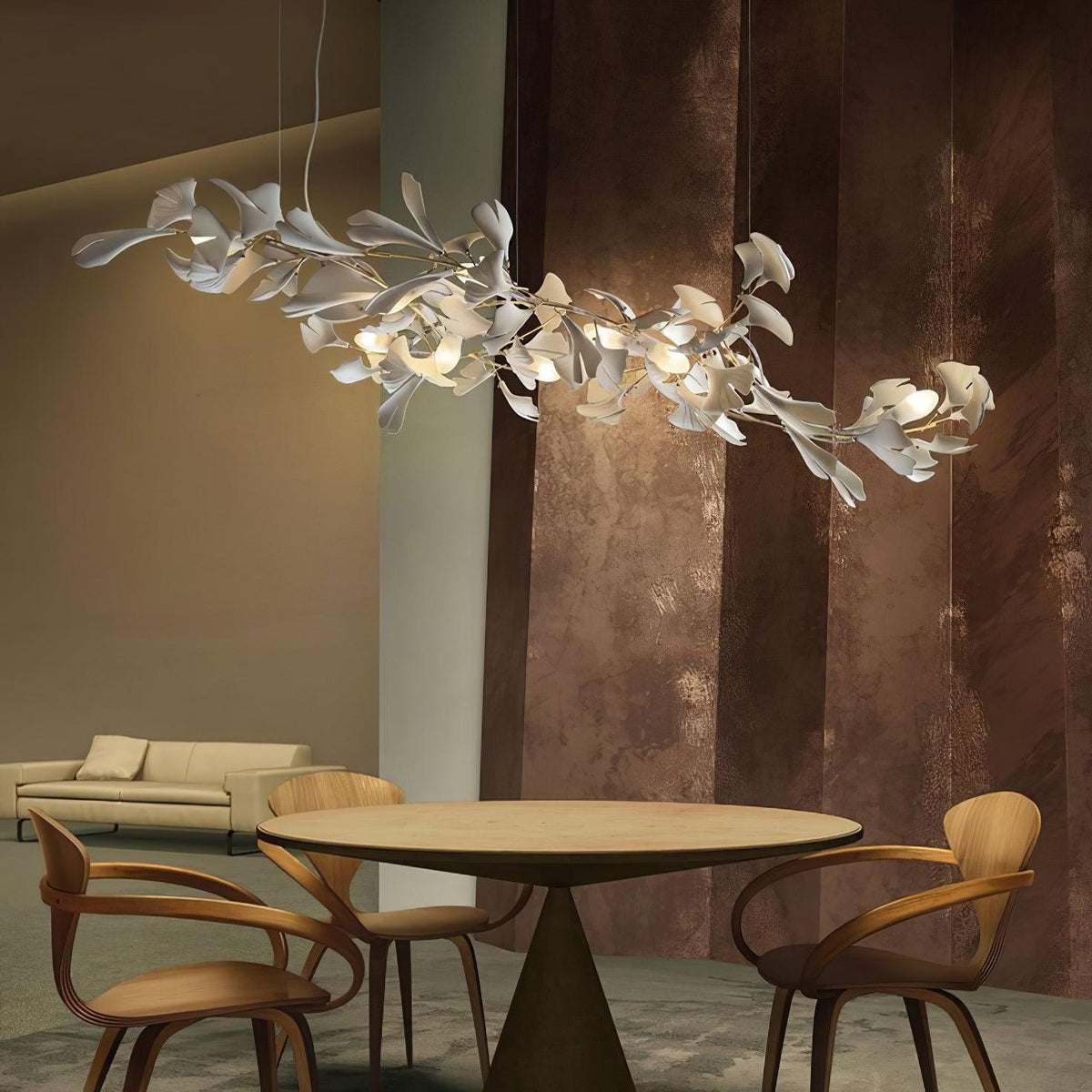 Calix candelabru cu abajur din ceramică în formă de frunză Gingko și finisaj alb aur, în stil modern