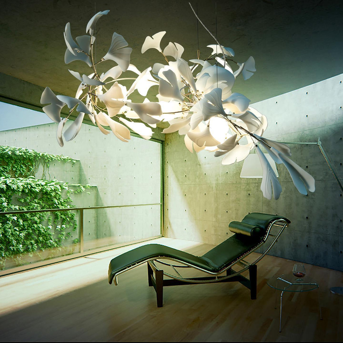 Calix candelabru cu abajur din ceramică în formă de frunză Gingko și finisaj alb aur, în stil modern
