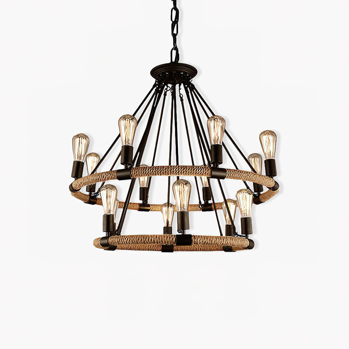 Novien candelabru din cânepă și frânghie, industrial, rotund