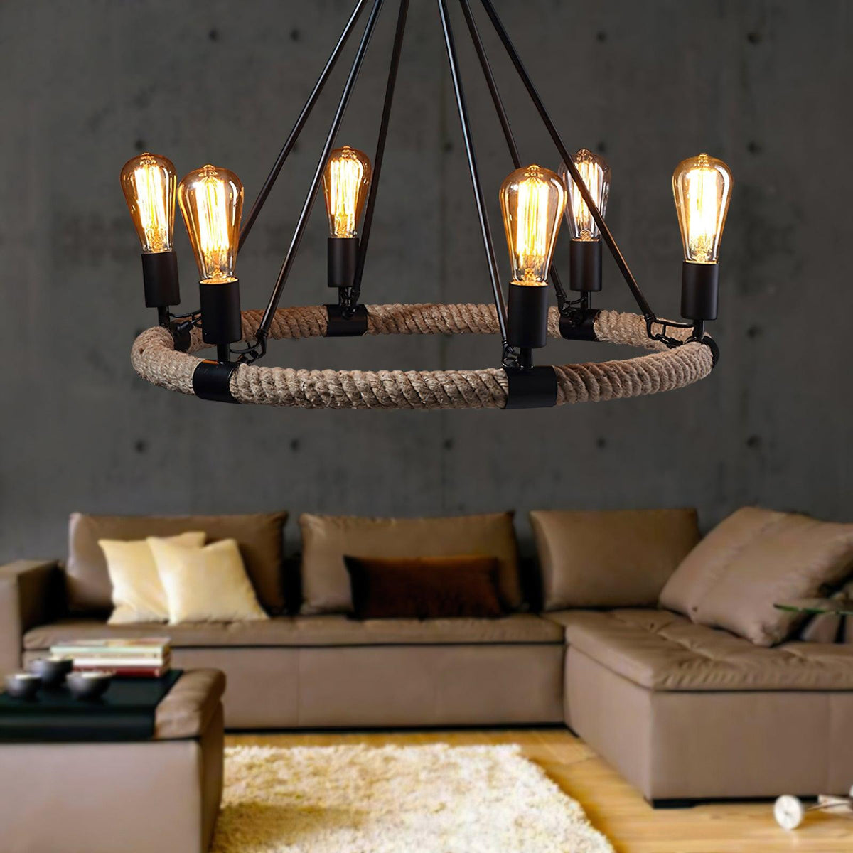 Novien candelabru din cânepă și frânghie, industrial, rotund