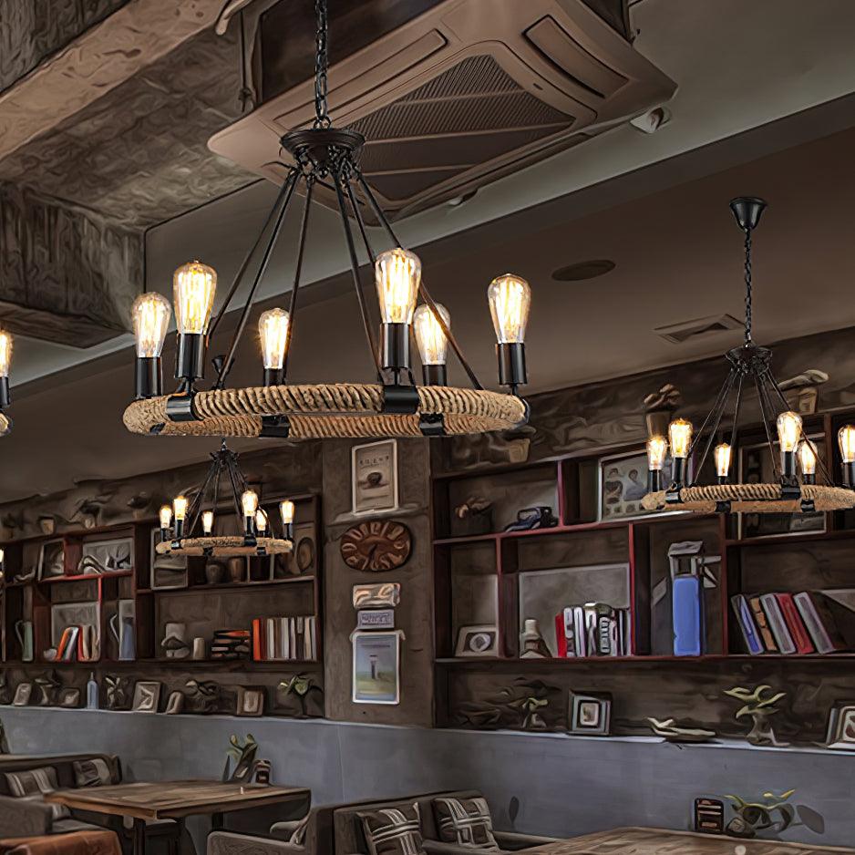 Novien candelabru din cânepă și frânghie, industrial, rotund