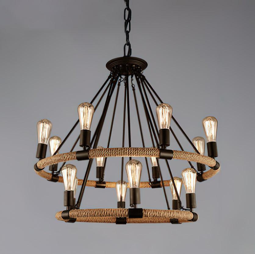 Novien candelabru din cânepă și frânghie, industrial, rotund