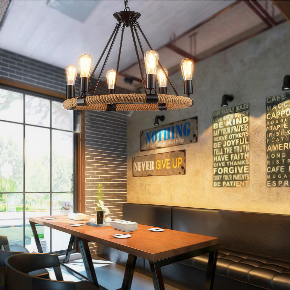 Novien candelabru din cânepă și frânghie, industrial, rotund