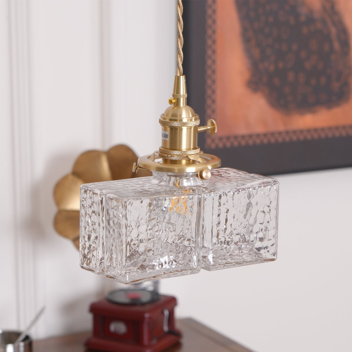 Ovely lampă suspendată vintage din sticlă bătută cu ciocan și corp din alamă