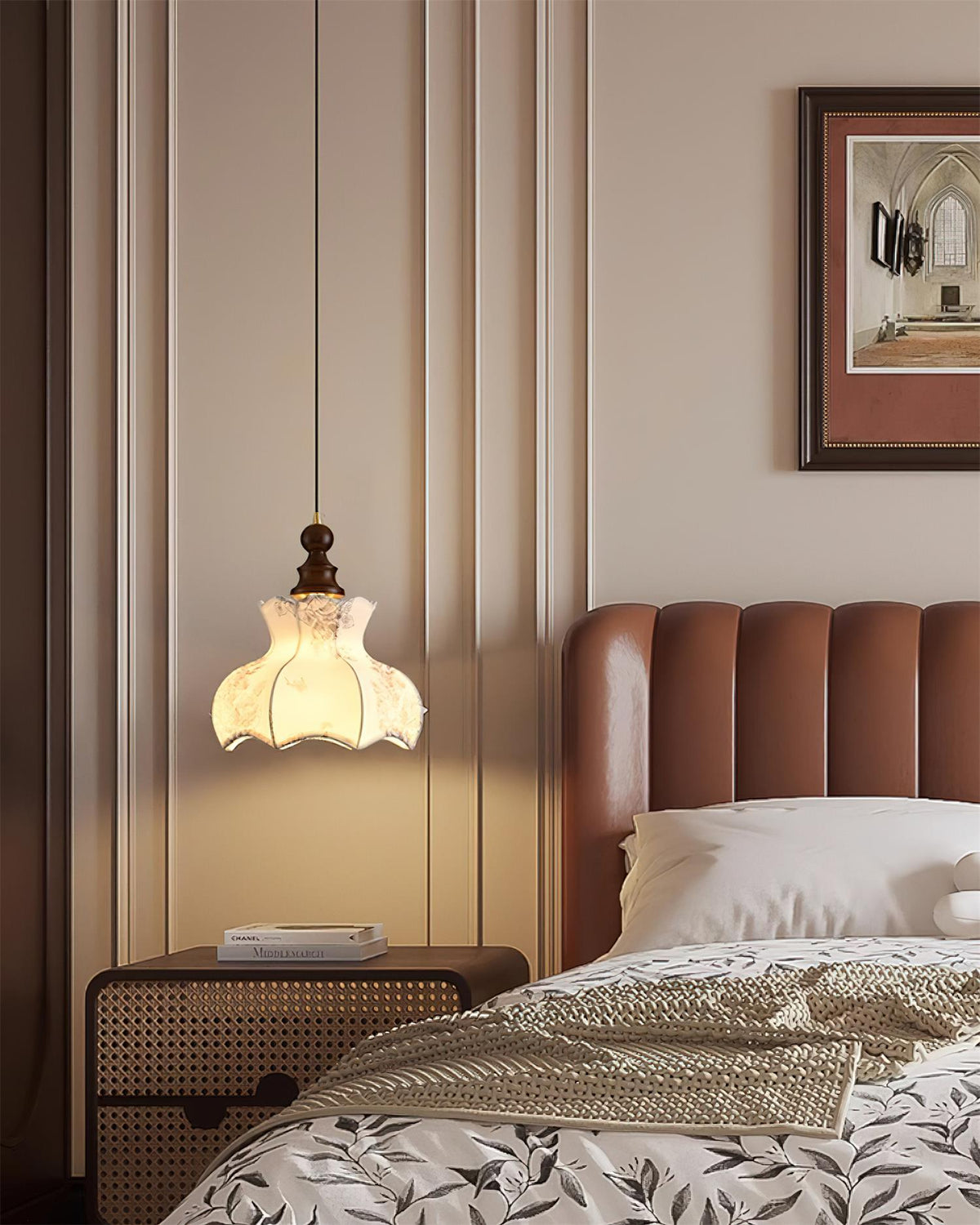 Lampă suspendată metal și lemn Țesătură Vintage Floral Elegant