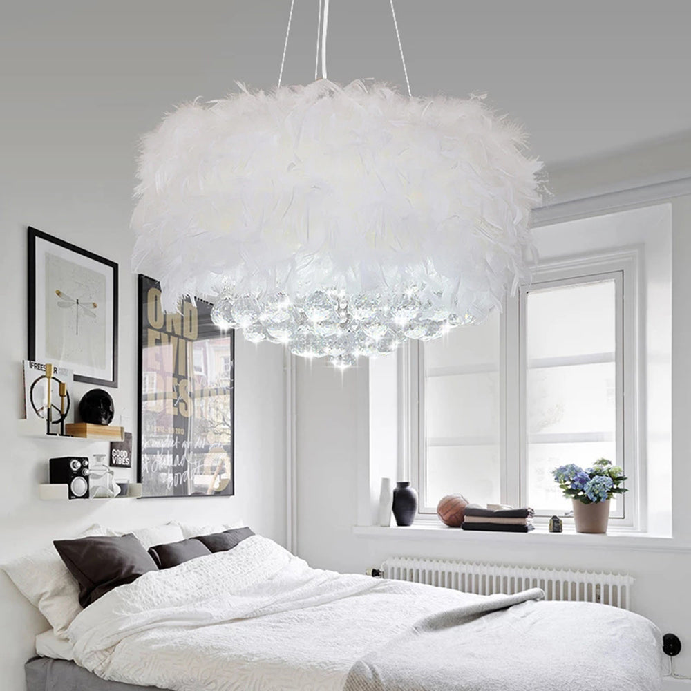 O'Moore candelabru rotund modern de lux, alb, cu pene și cristal