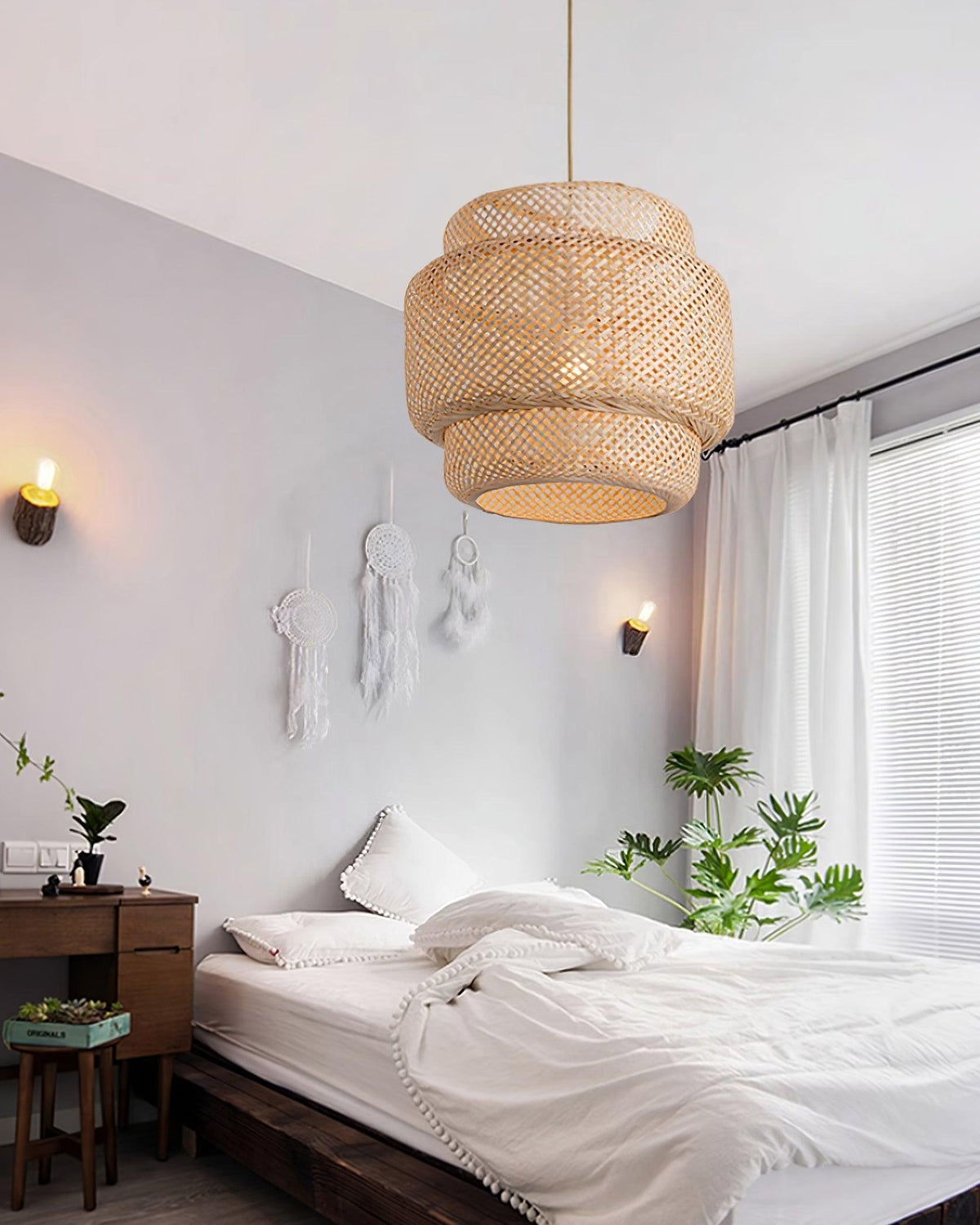 Lampă suspendată cu două straturi din bambus țesut, stil organic natural