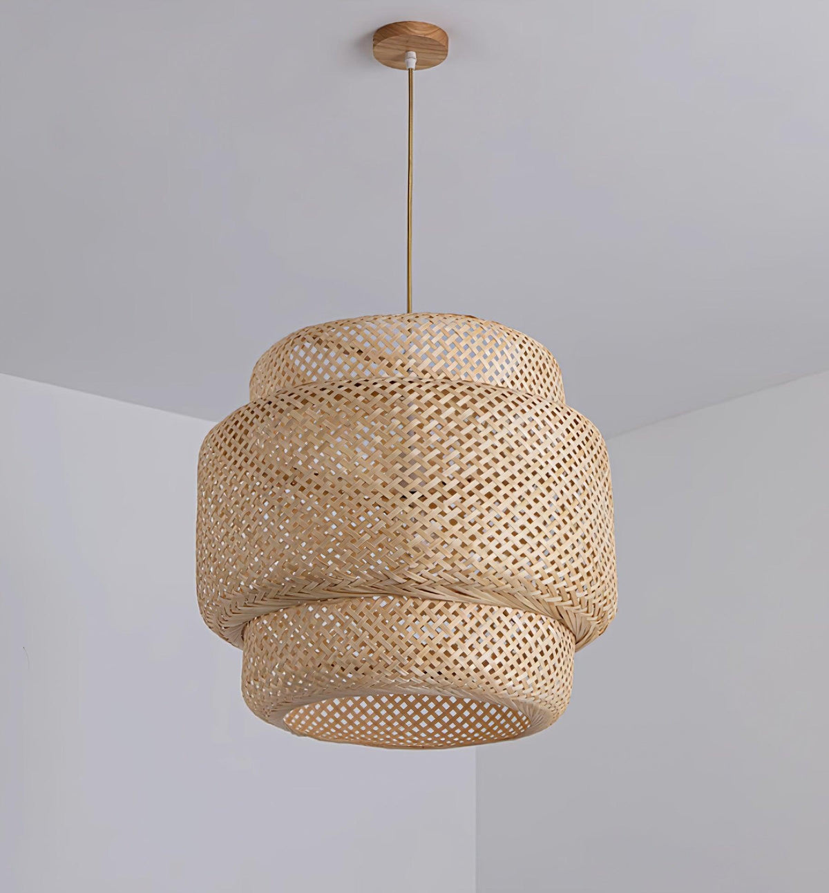 Lampă suspendată cu două straturi din bambus țesut, stil organic natural