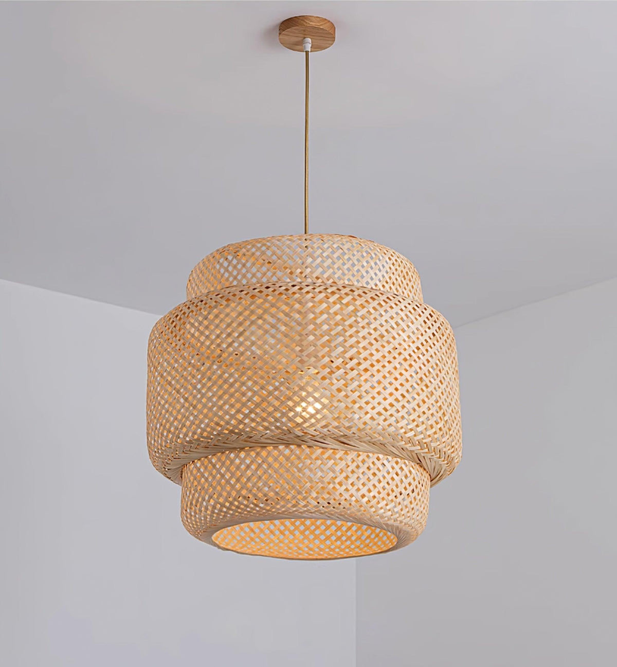 Lampă suspendată cu două straturi din bambus țesut, stil organic natural