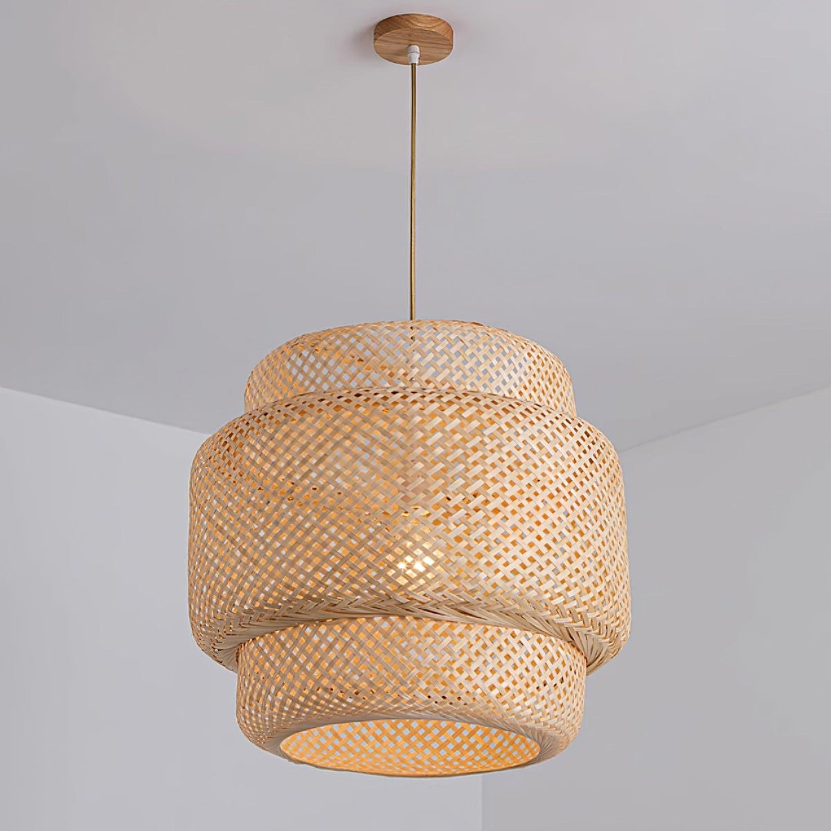 Lampă suspendată cu două straturi din bambus țesut, stil organic natural