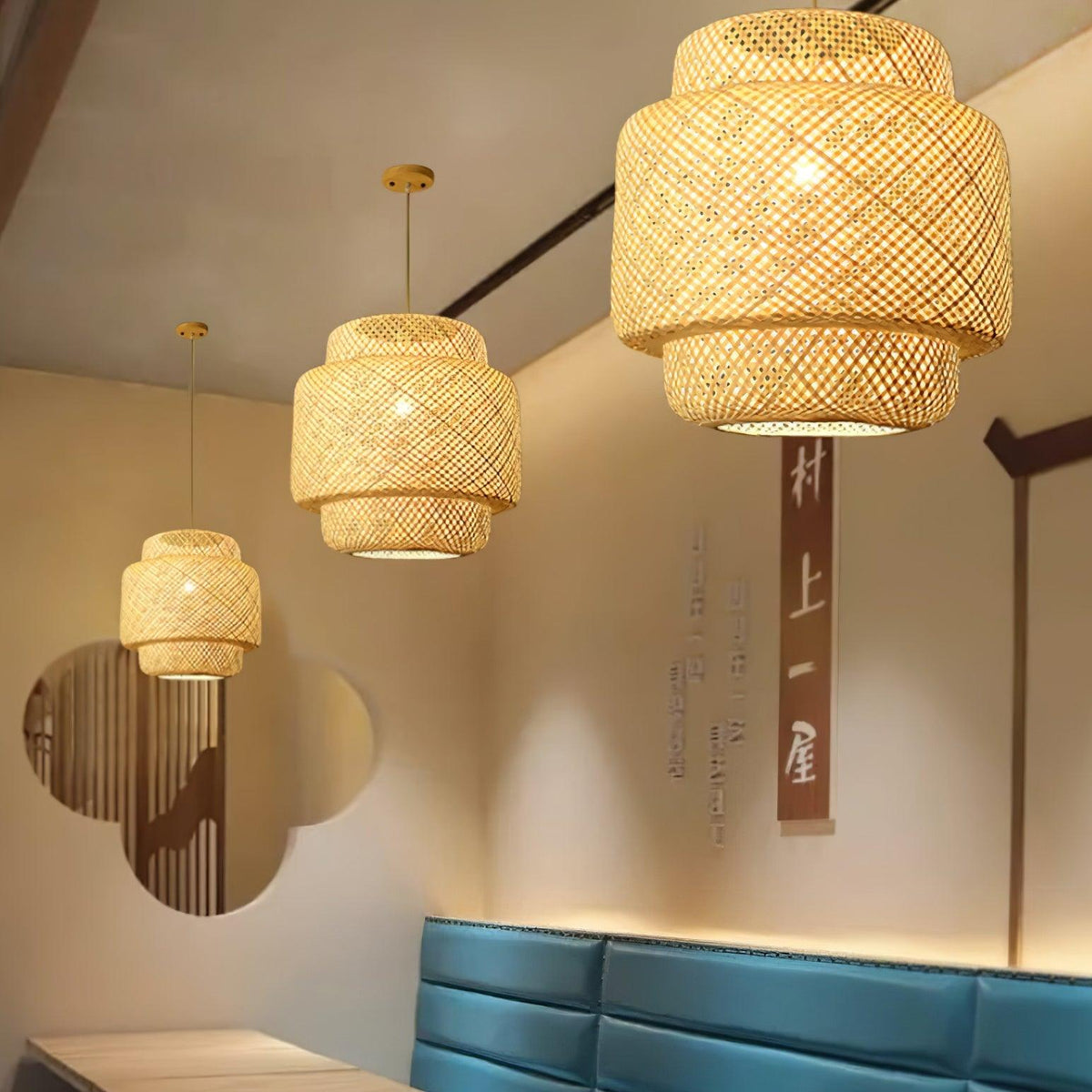 Lampă suspendată cu două straturi din bambus țesut, stil organic natural