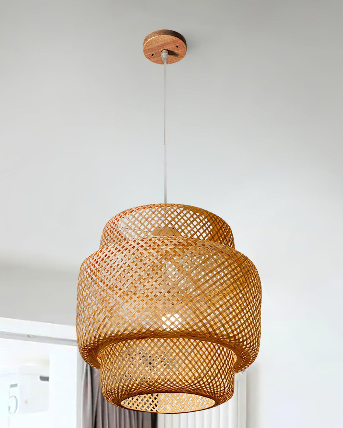 Lampă suspendată cu două straturi din bambus țesut, stil organic natural