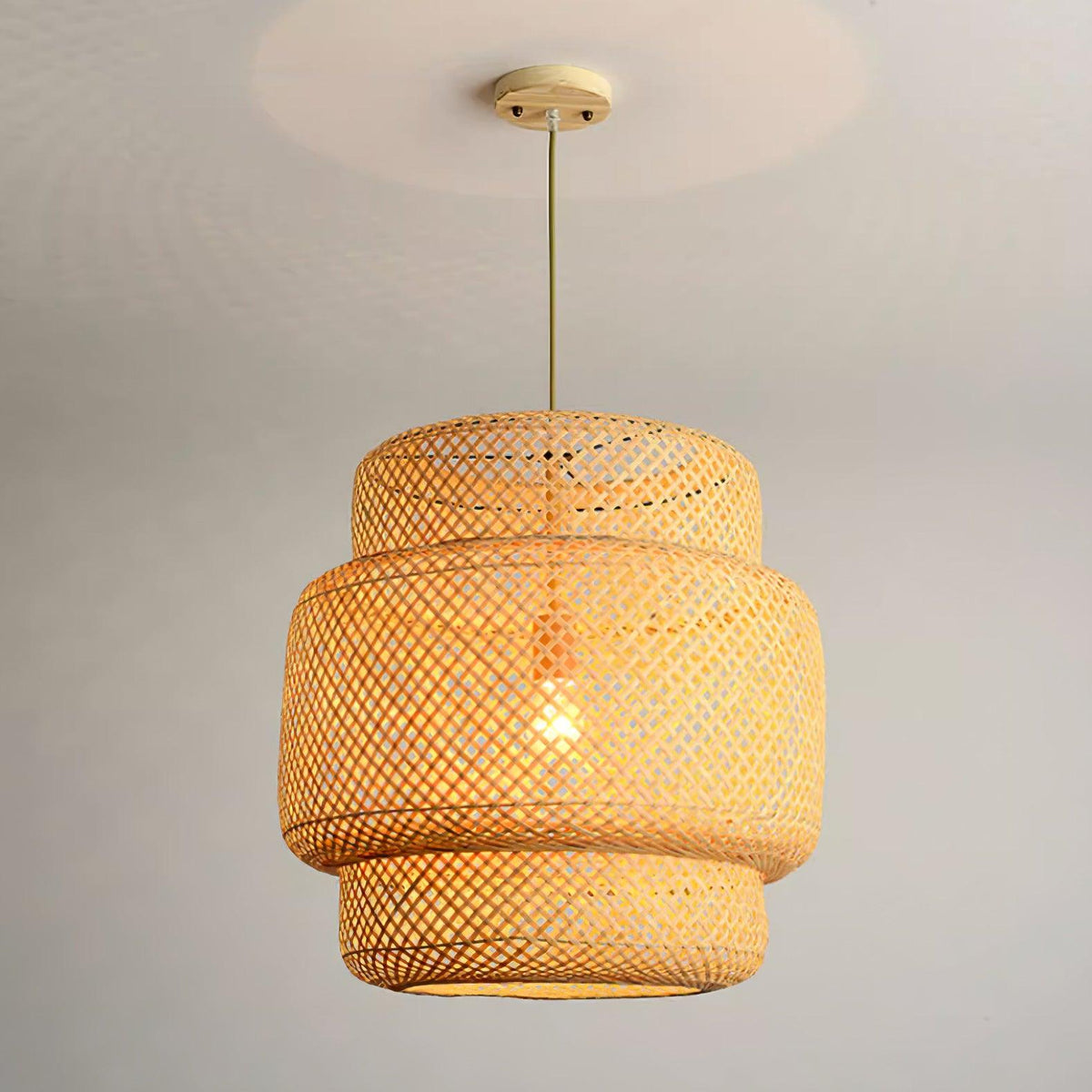 Lampă suspendată cu două straturi din bambus țesut, stil organic natural