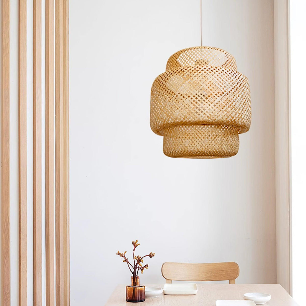 Lampă suspendată cu două straturi din bambus țesut, stil organic natural