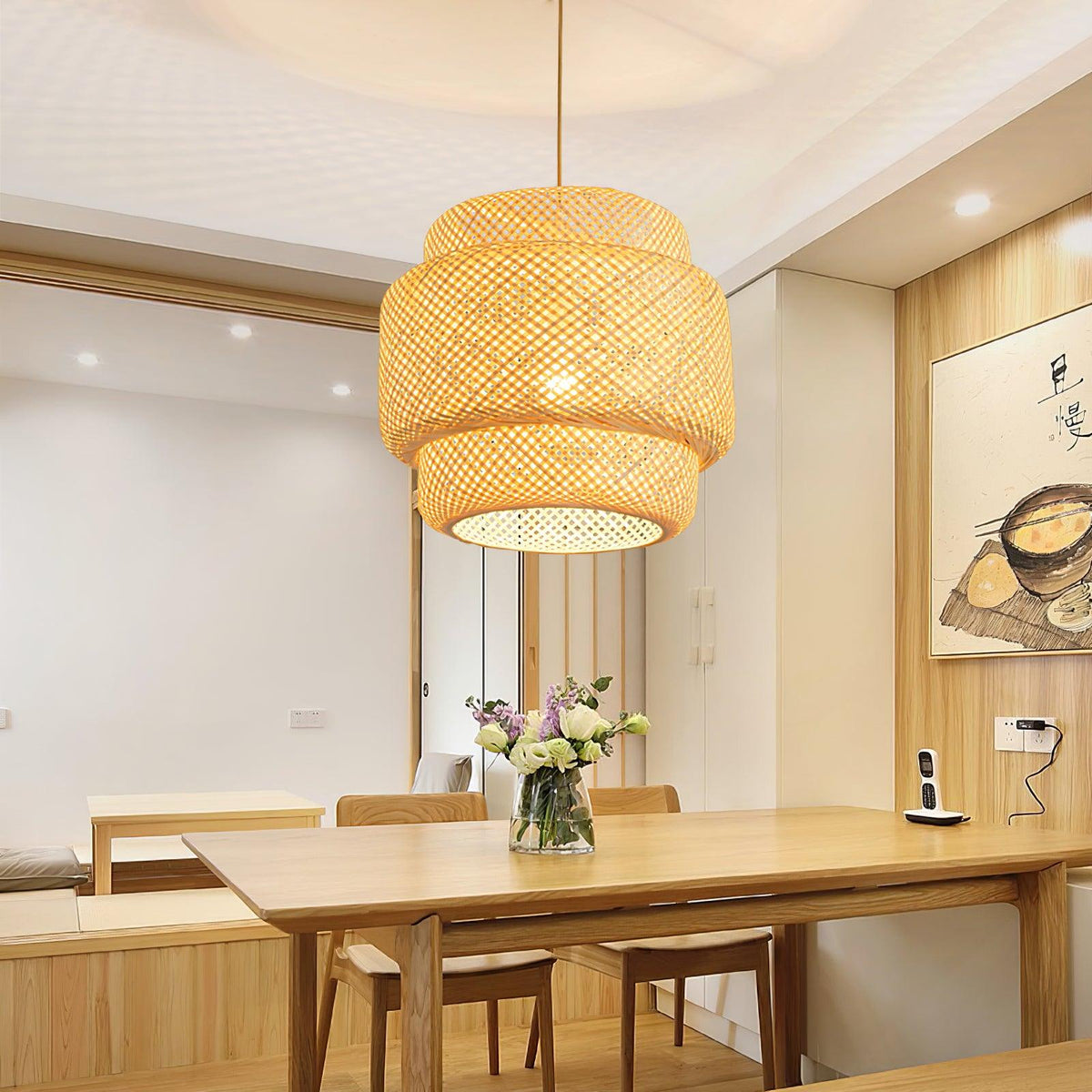 Lampă suspendată cu două straturi din bambus țesut, stil organic natural