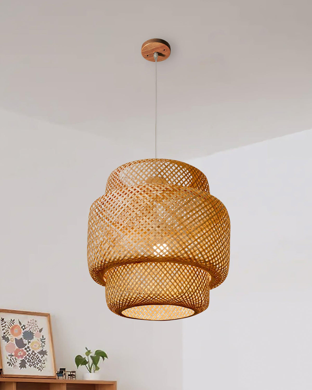 Lampă suspendată cu două straturi din bambus țesut, stil organic natural