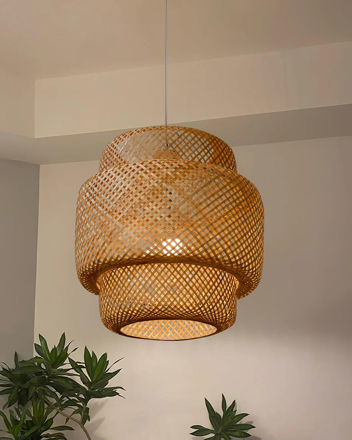Lampă suspendată cu două straturi din bambus țesut, stil organic natural