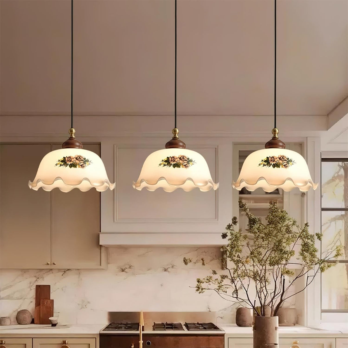 Belvia lampă suspendată din sticlă, vintage, florală